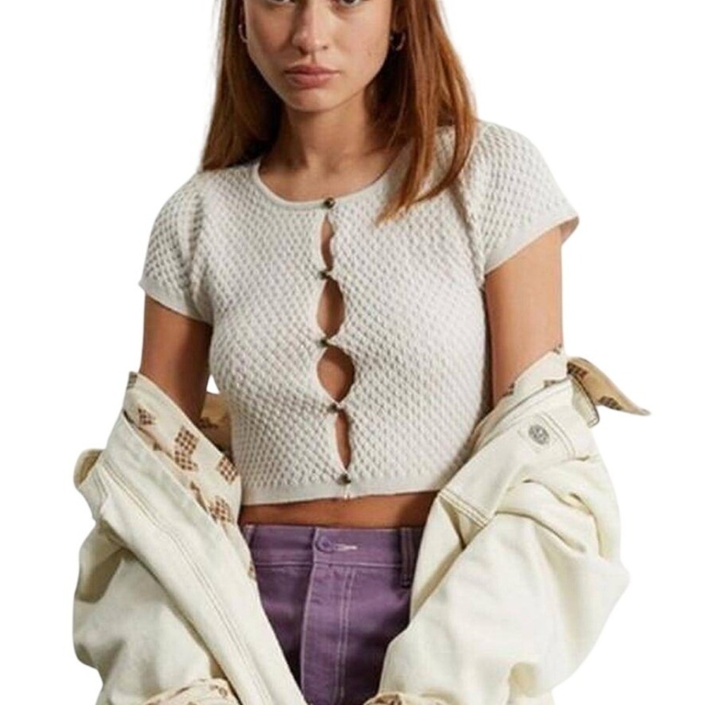 Kendall & Kylie Short Sleeve Cardigan Womens XS Sand Textured Button Front